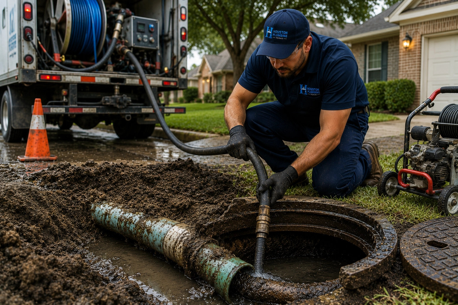 Main sewer line cleanout and repair in Houston