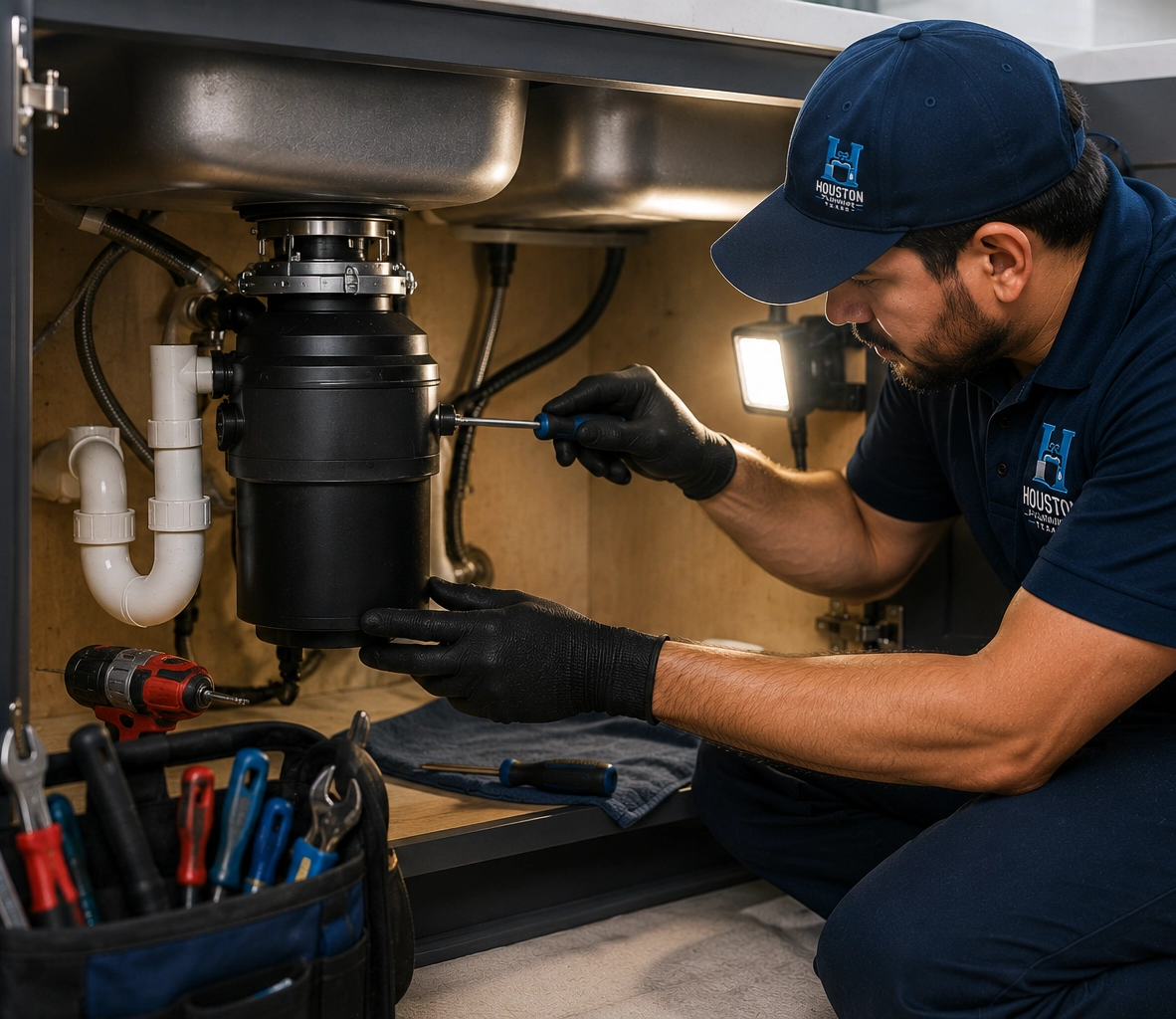 Under sink garbage disposal leak repair in Houston