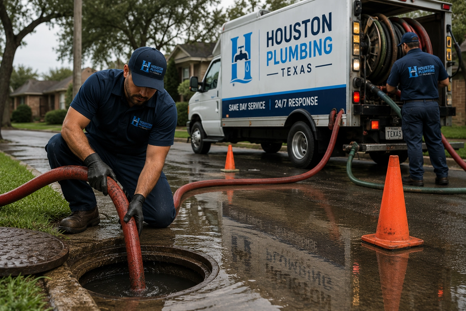 Urgent sewer line backup mitigation in Houston